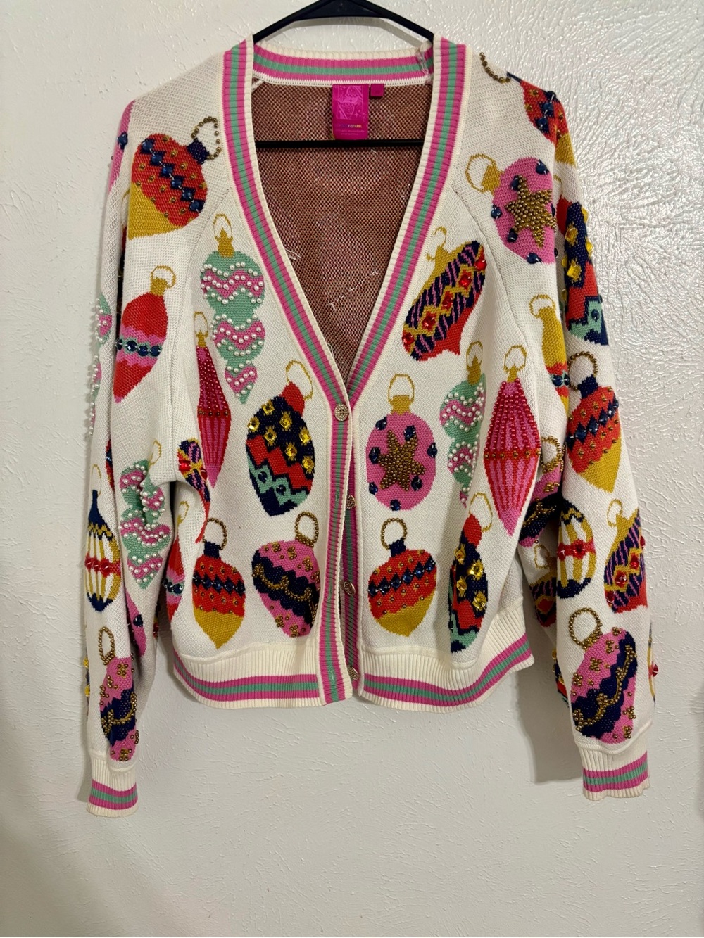 Queen of Sparkles Knit Cardigan Sweater - White beaded Ornaments XS